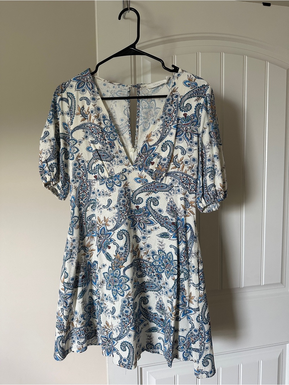 Lush Cream Mini Dress with Blue and Brown Paisley Print